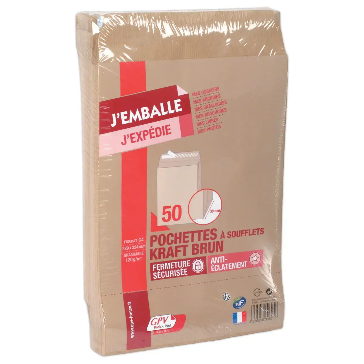 50 Pochettes à soufflet en kraft brun C4 - GPV