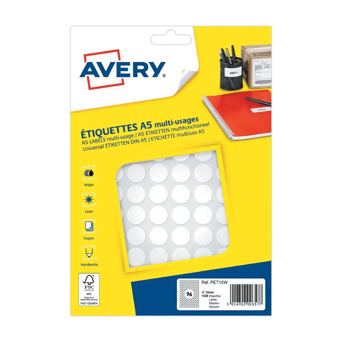 Etiquettes blanches multi-usages - Ø 15mm - AVERY