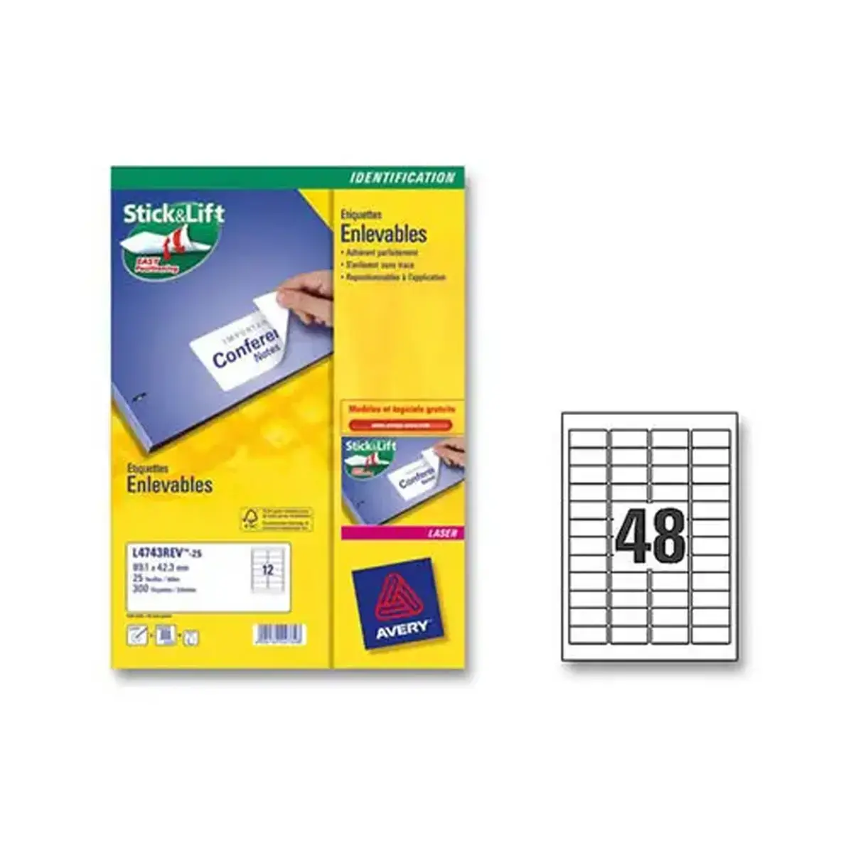 Planches de 48 étiquettes blanches enlevables - 45,7x21,2mm - AVERY