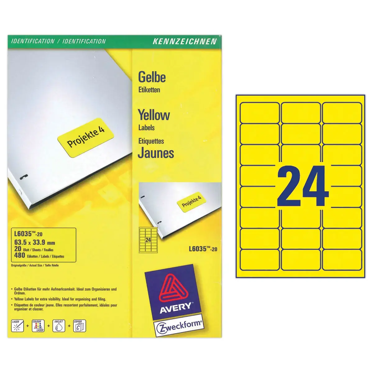 20 planches de 24 étiquettes jaunes - 63,5x33,9mm - AVERY