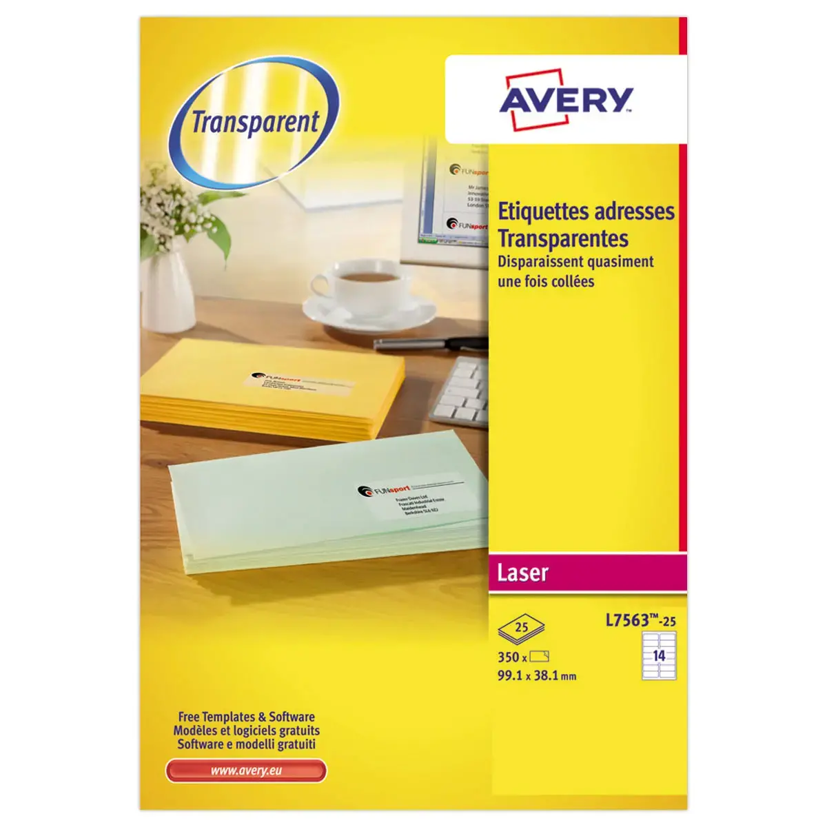 Boîte de 25 planches de 14 étiquettes transparentes - 99,1x38,1mm - AVERY