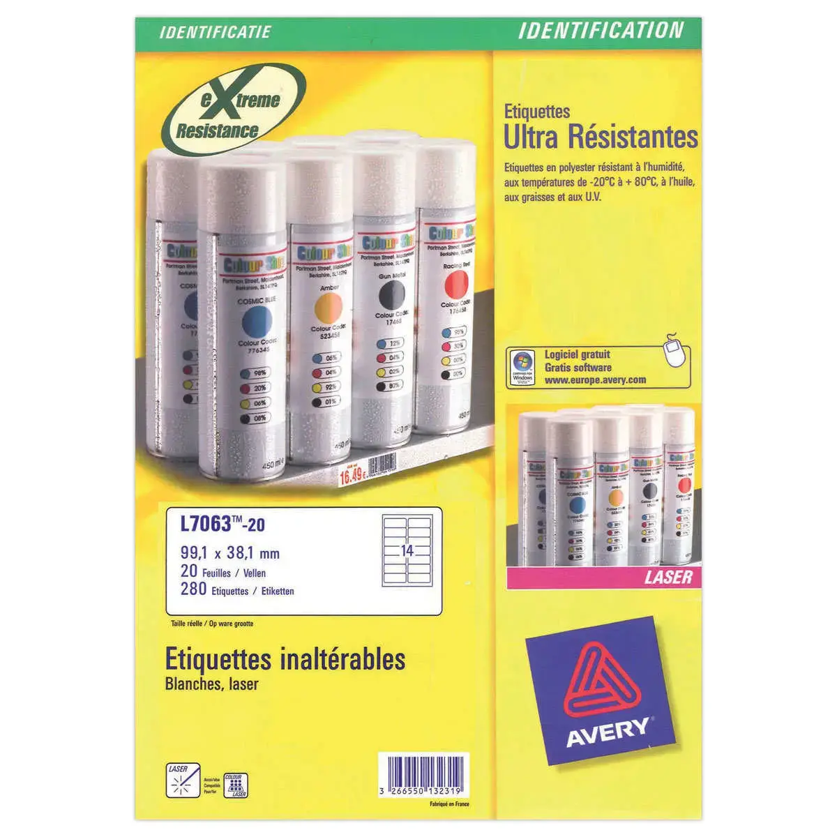 Boîte de 20 planches de 14 étiquettes blanches ultra résistantes - 99,1 x 38,1 mm - AVERY