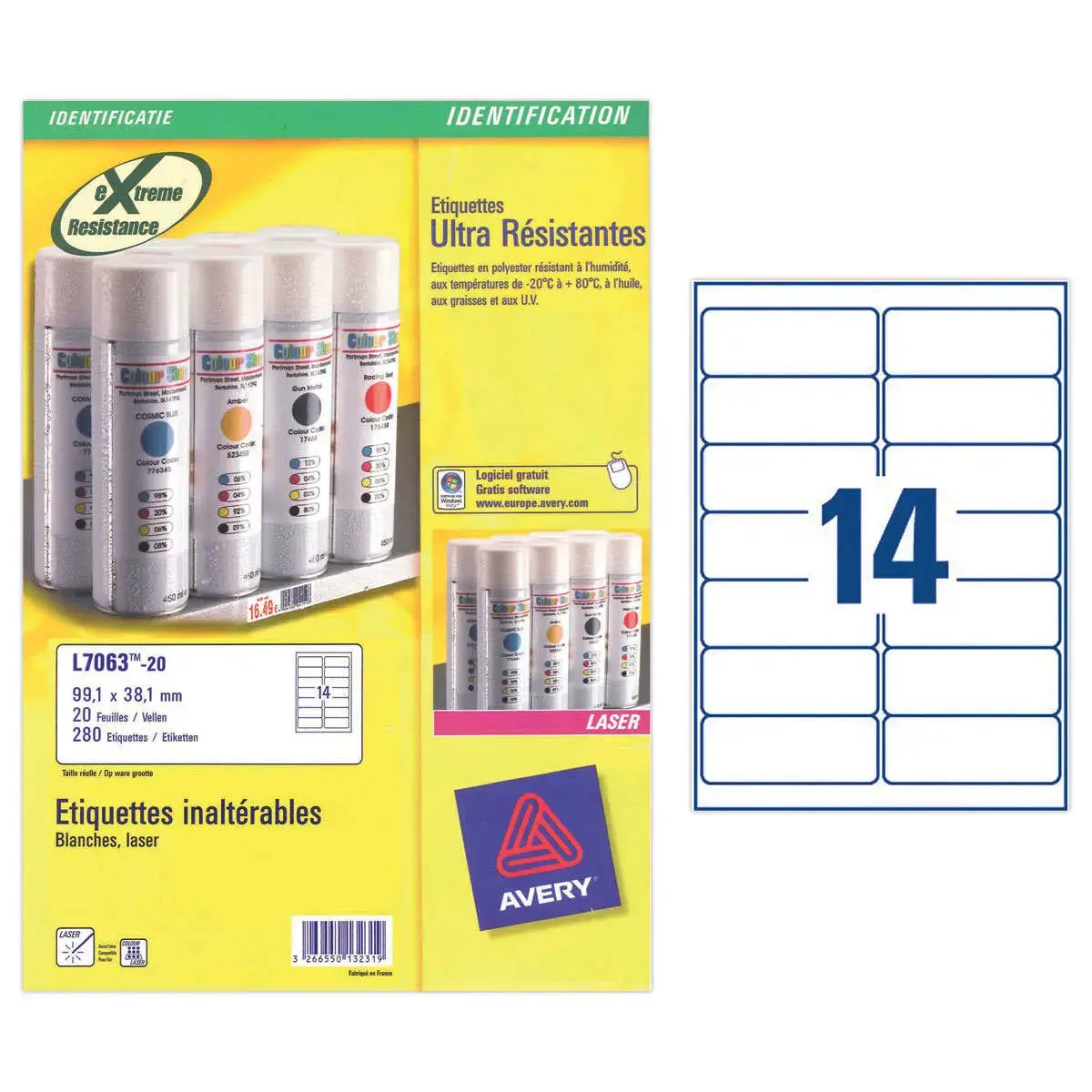 Boîte de 20 planches de 14 étiquettes blanches ultra résistantes - 99,1 x 38,1 mm - AVERY