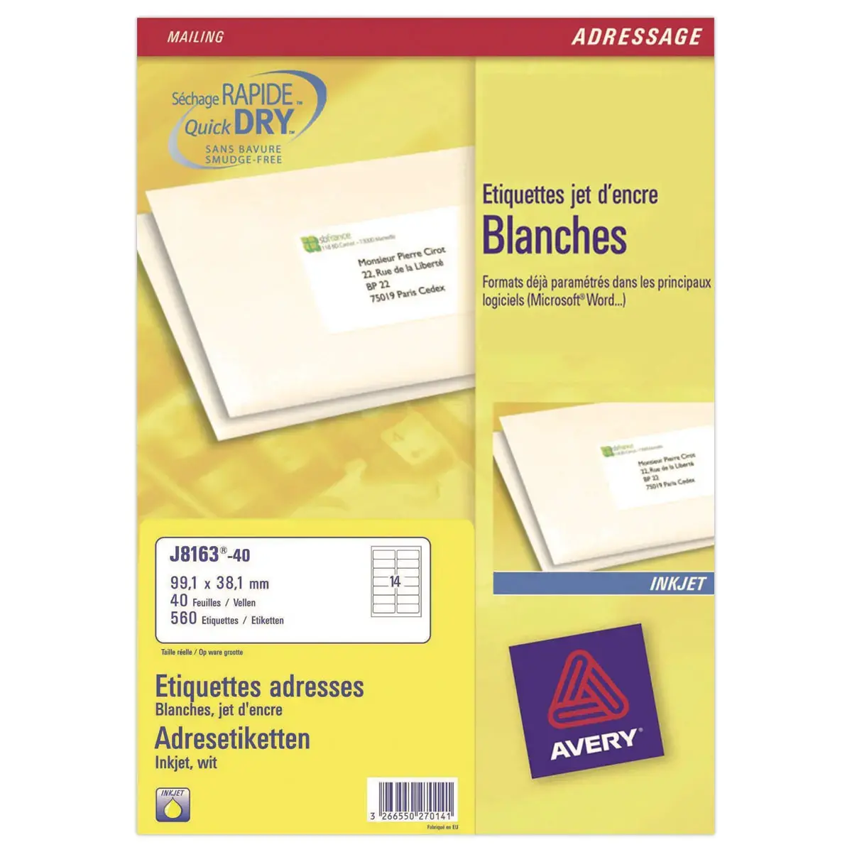 40 planches de 14 étiquettes adresses pour imprimantes jet d'encre AVERY 99,1x38,1mm