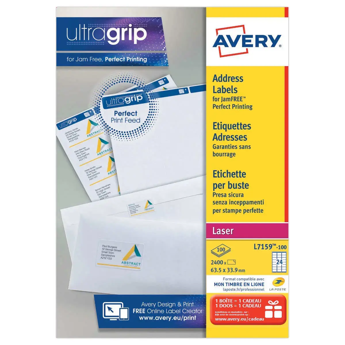 100 Planches de 24 étiquettes adresses blanches pour imprimantes laser - 63,5 x 33,9 mm - AVERY