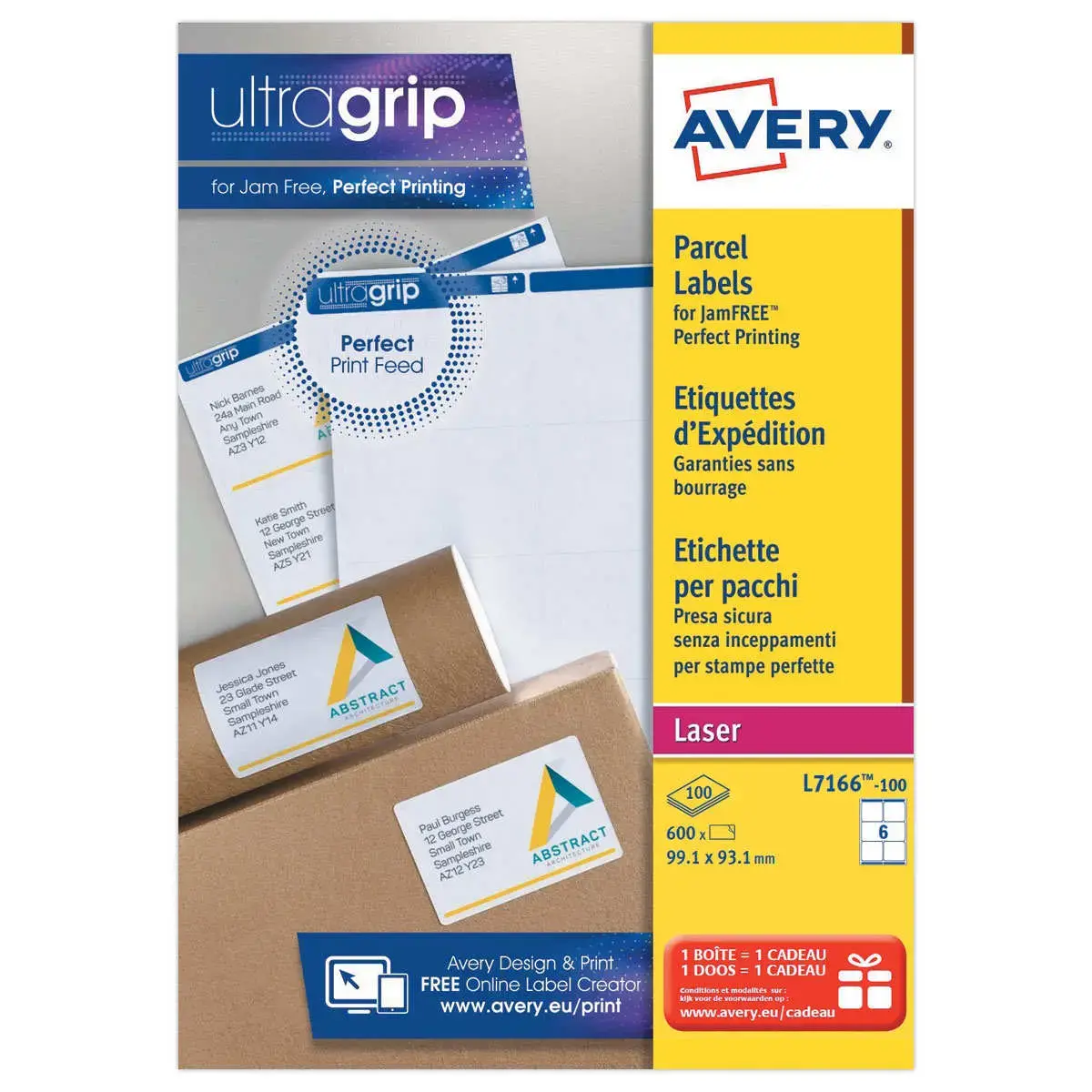 100 planches de 6 &eacute;tiquettes adresses opaques pour imprimantes laser AVERY 99,1x93,1mm 