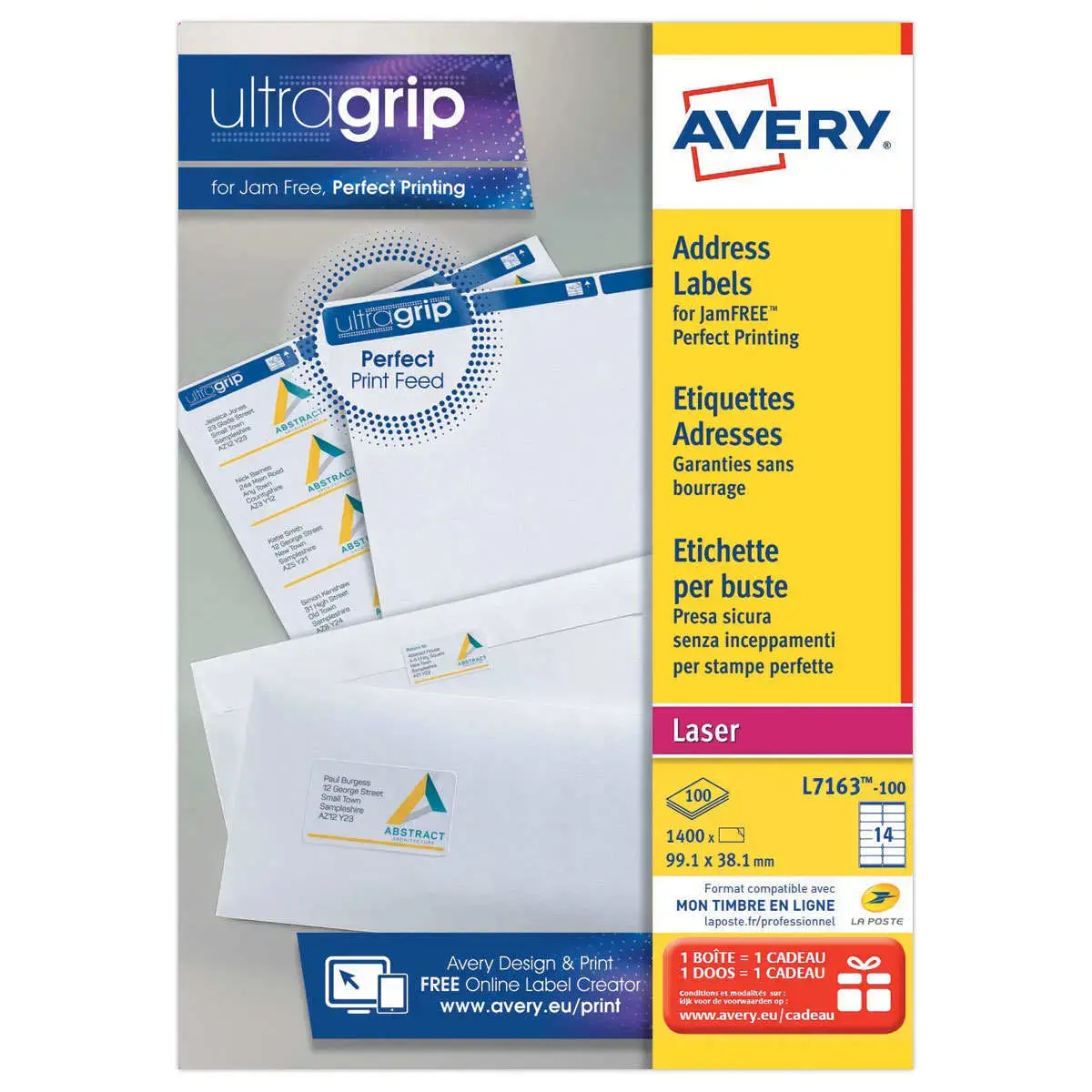 100 Planches de 14 étiquettes adresses blanches pour imprimantes laser - 99,1 x 38,1 mm - AVERY