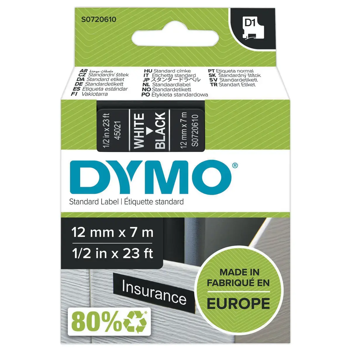 Ruban pour titreuse D1 - 7 m x 12 mm - Texte blanc sur fond noir - Dymo