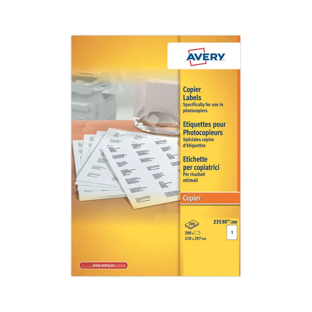 200 &eacute;tiquettes blanches haute cadence sp&eacute;cial copieurs AVERY 210x297mm 