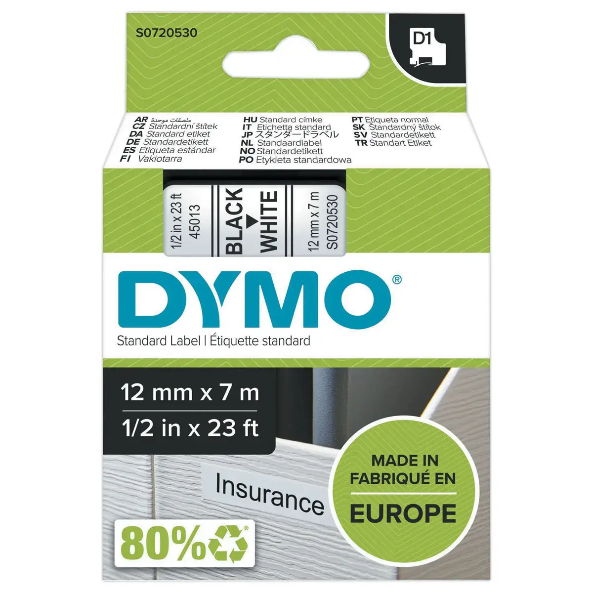 Ruban titreuse D1 – 12 mm – Impression noir sur fond blanc – Dymo