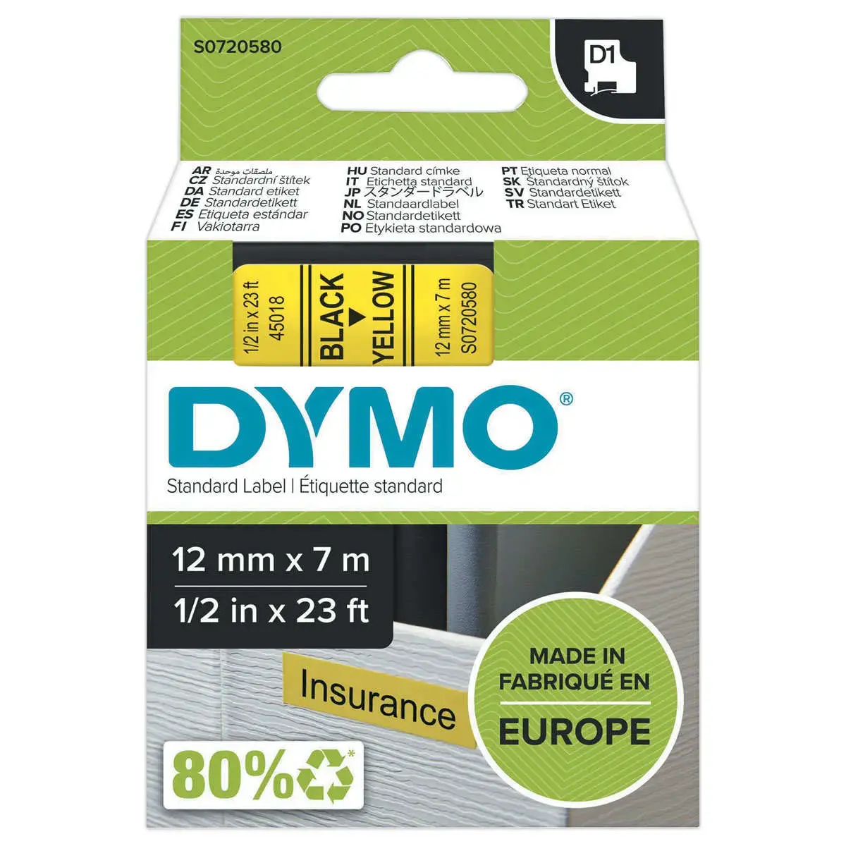 Ruban pour titreuse D1 - 7 m x 12 mm - Texte noir sur fond jaune - Dymo