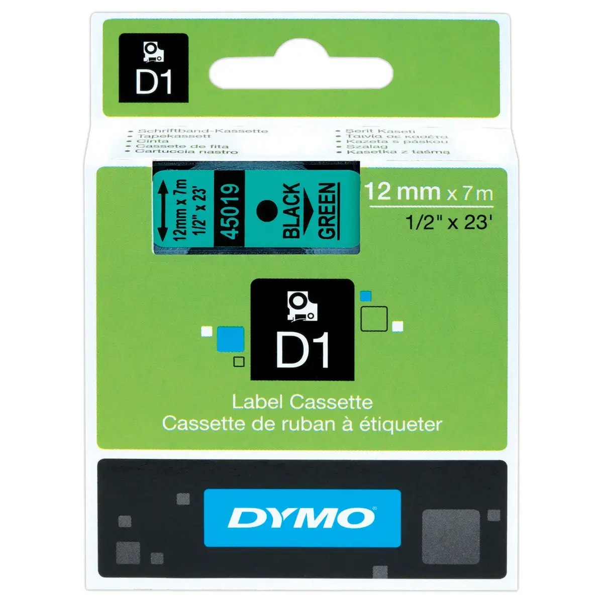 Ruban pour titreuse D1 - 7 m x 12 mm - Texte noir sur fond vert - Dymo 