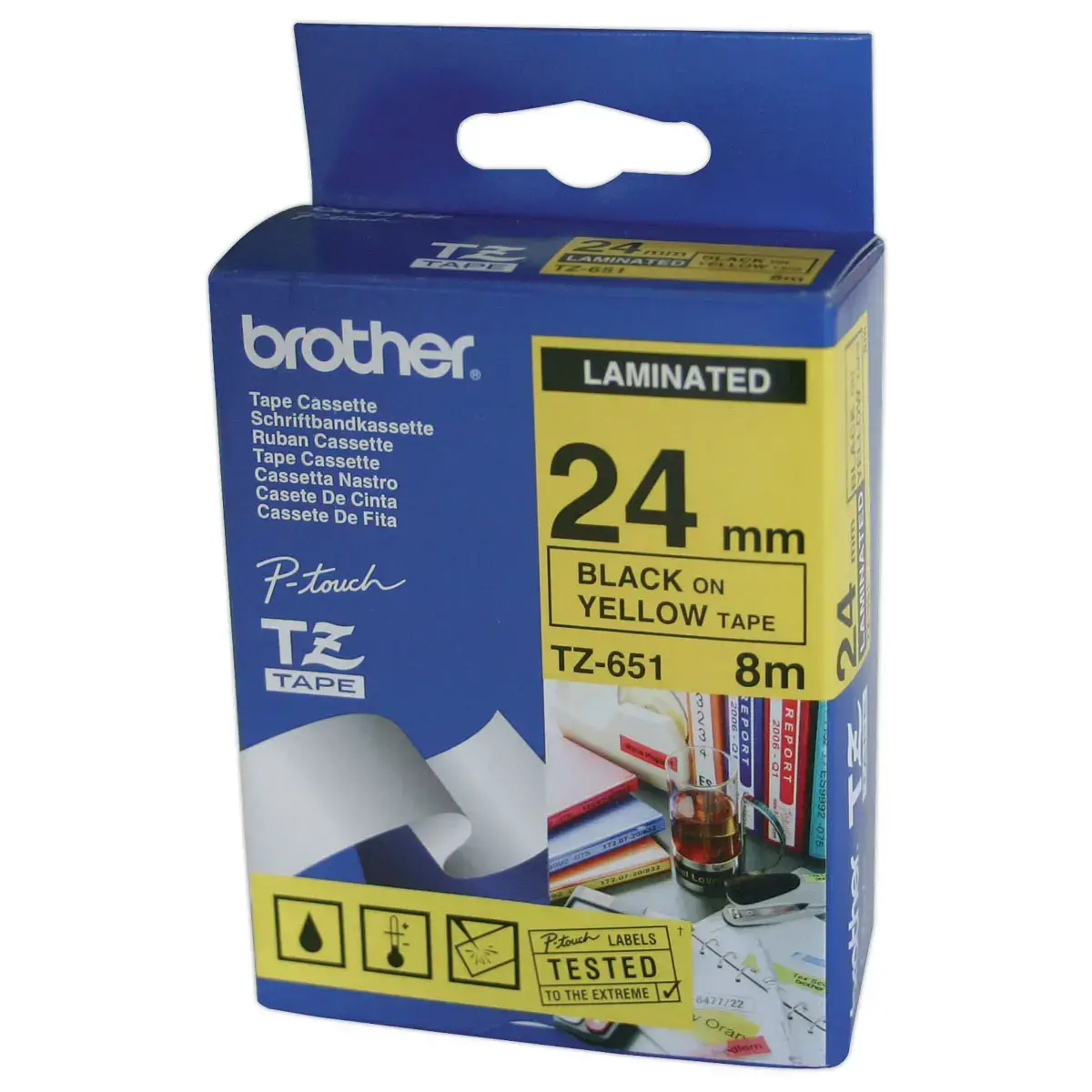 Ruban pour titreuse TZE - 8m x 24 mm TZE651 - Texte noir sur fond jaune - Brother