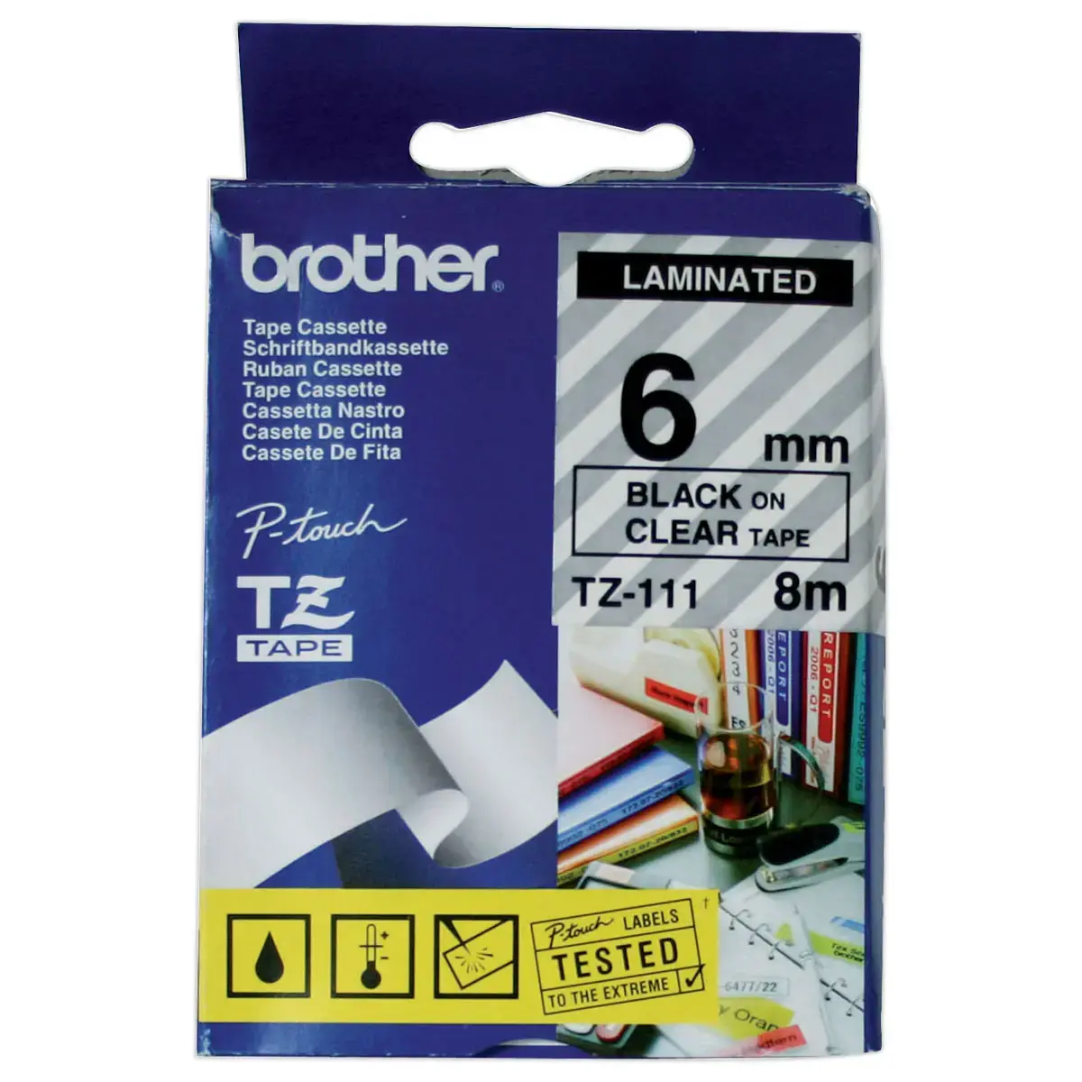 Ruban TZE 8m x 6 mm - BROTHER Tze 111 - texte noir / fond transparent 