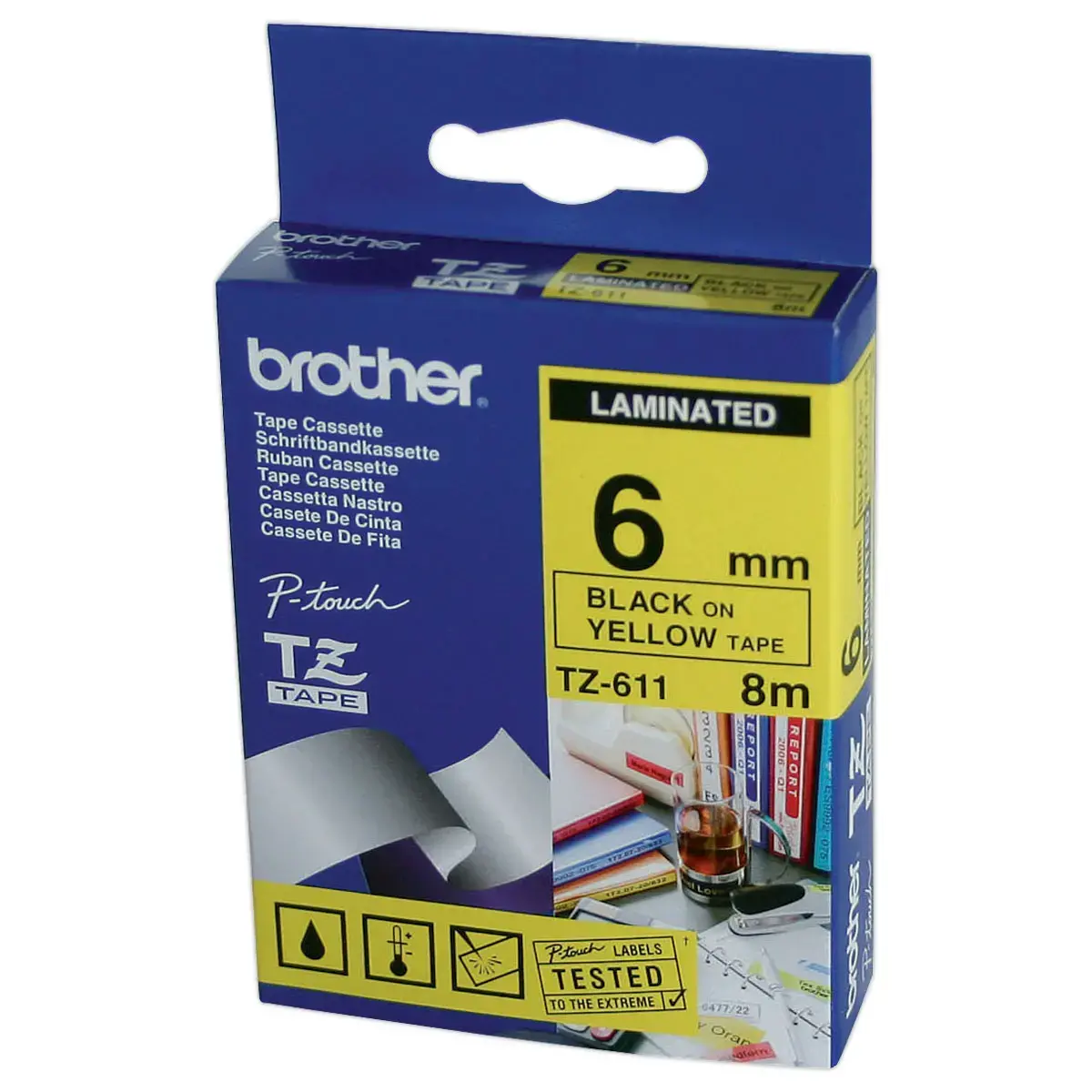 Ruban pour titreuse TZe 611 - 8m x 6 mm - Texte noir sur fond jaune - Brother