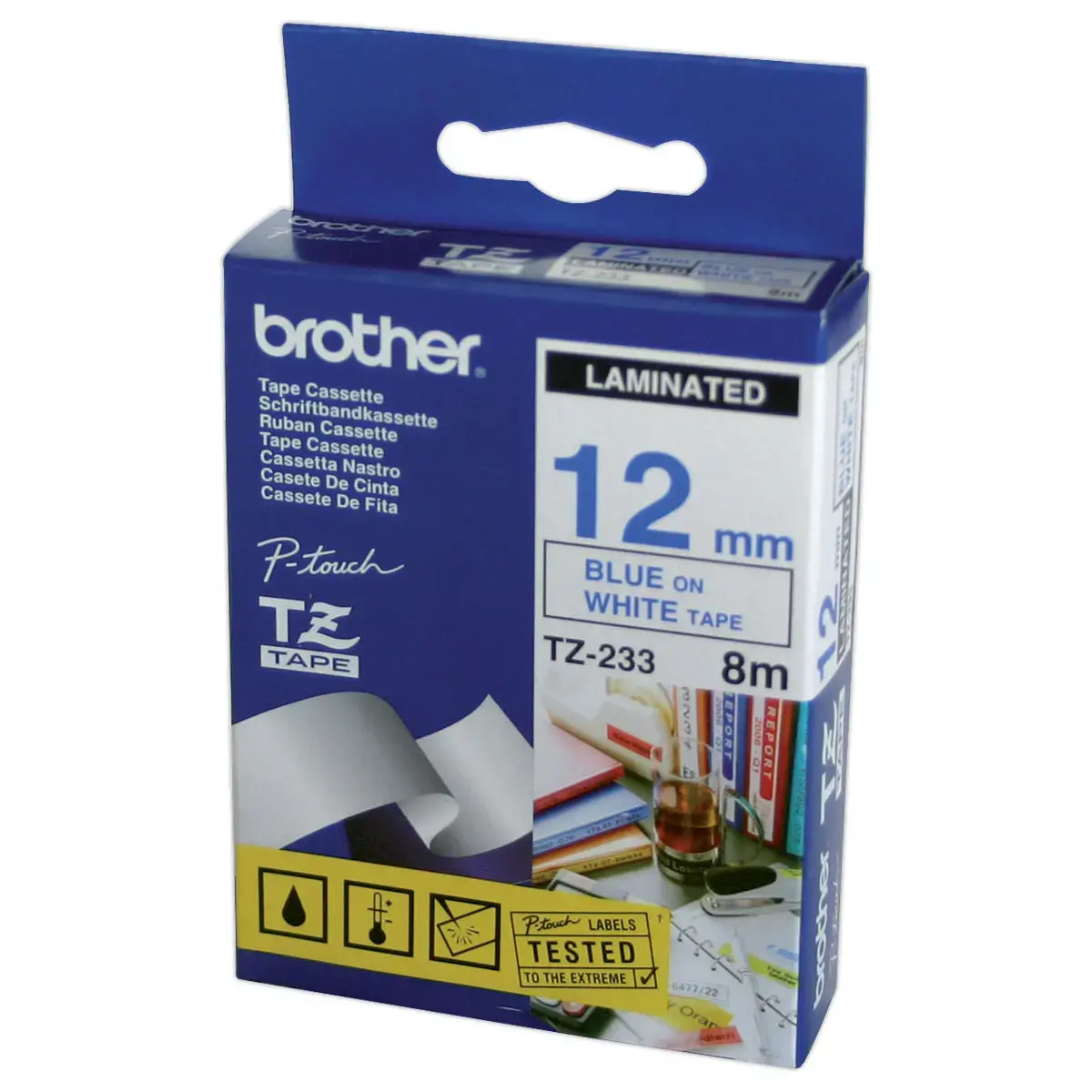 Ruban 8 m x 12 mm - BROTHER TZ 233 - texte bleu sur fond blanc 