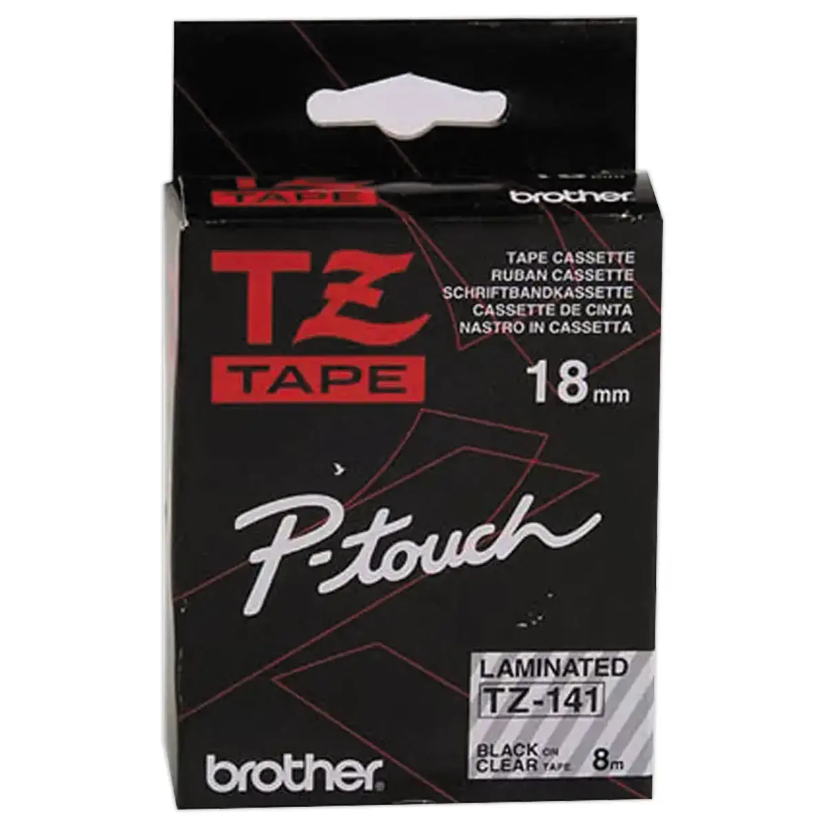 Ruban TZE 8m x 18 mm - BROTHER Tze 141 - texte noir / fond transparent 
