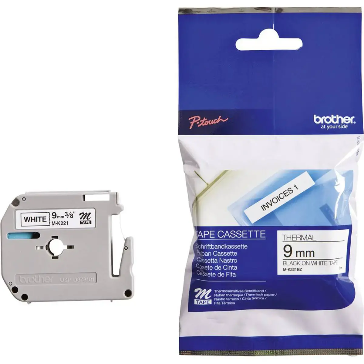 Ruban pour titreuse M-K221B - Ruban 8 m x 9 mm - Texte noir sur fond blanc - BROTHER