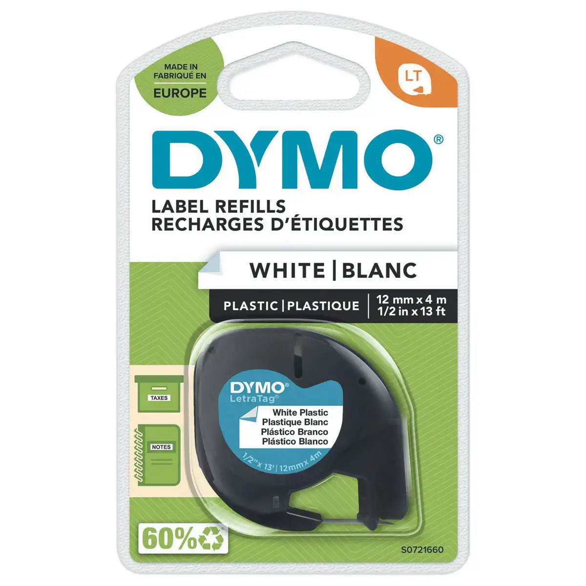 Ruban plastique Letratag - 12 mm - texte noir sur fond blanc