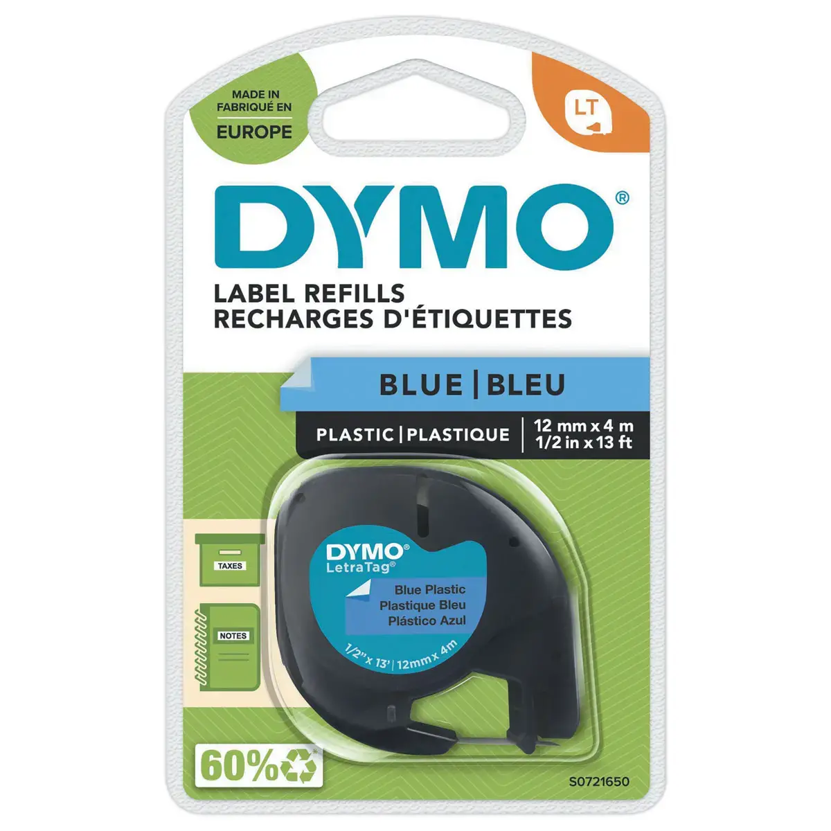 Ruban plastique Letratag - 12 mm - texte noir sur fond bleu