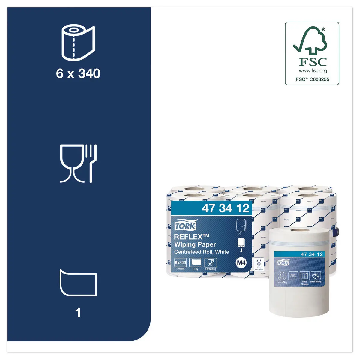 6 Bobines de papier d'essuyage multi-usage 1 pli Reflex - Tork