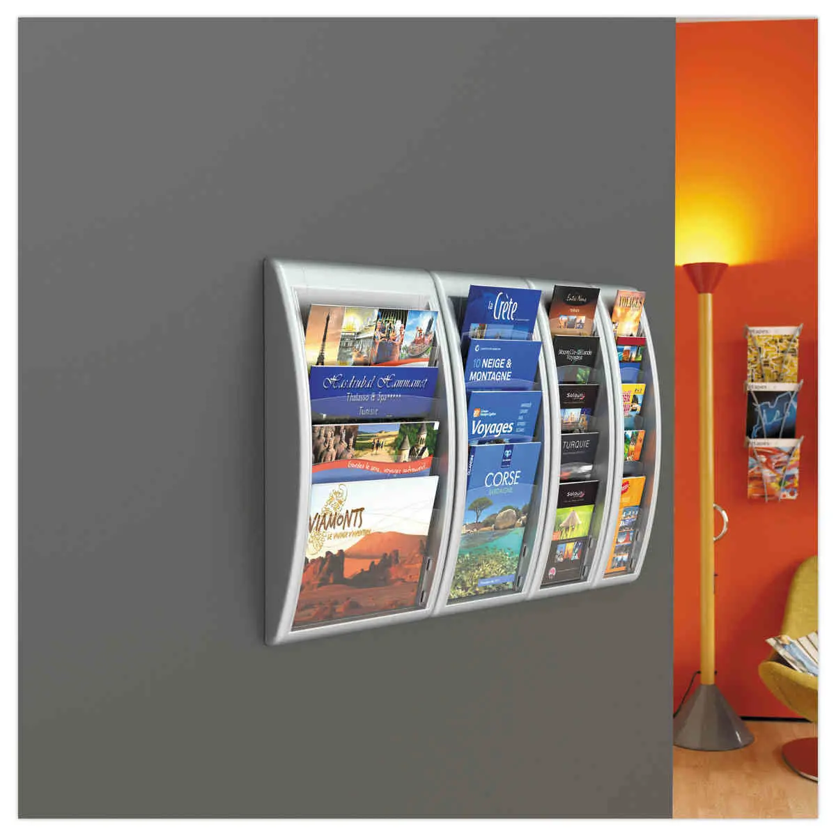 Pr&eacute;sentoir mural aluminium Quick Fit - PAPERFLOW - 4 cases A4 