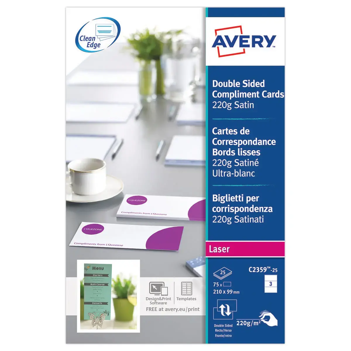 Boîte de 75 cartes de correspondance mat laser - 210x 99 mm - AVERY