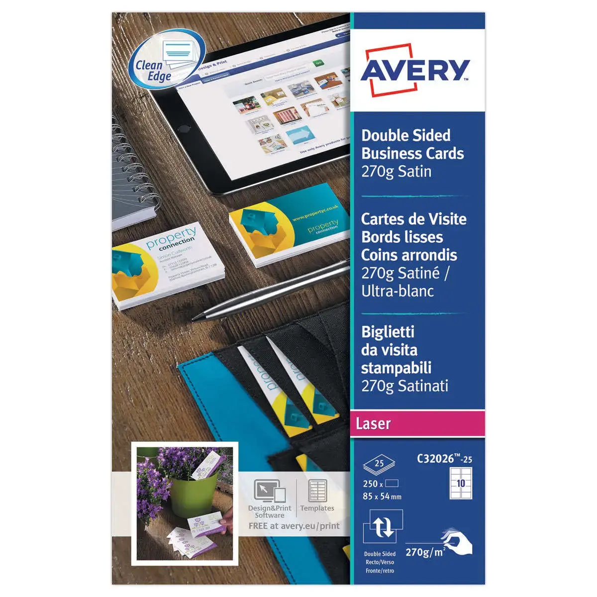 Bo&icirc;te de 250 cartes de visite mates laser couleur - 85x54mm - AVERY 