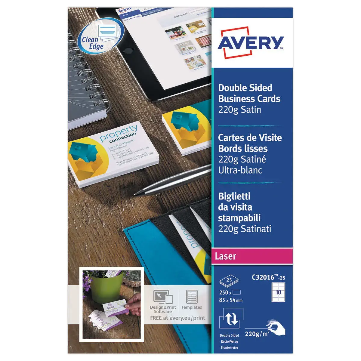 Boîte de 250 cartes de visite personnalisables pour impression laser - 86x54mm - 220g - AVERY