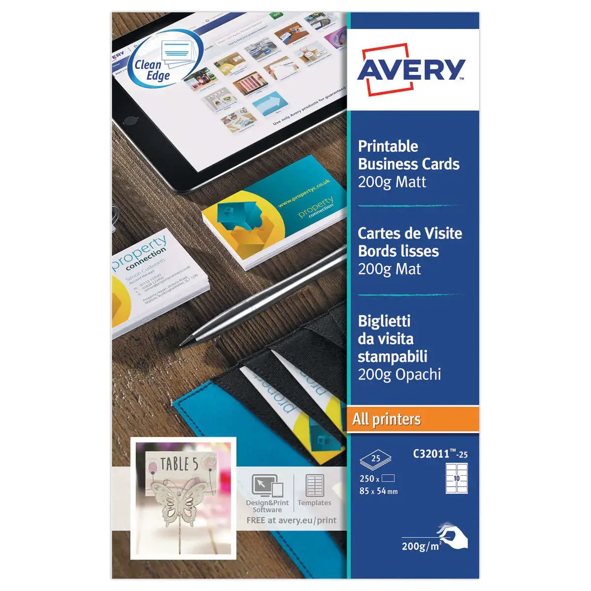 Bo&icirc;te de 250 cartes de visite mates jet d'encre et laser - 85x54 mm - AVERY 
