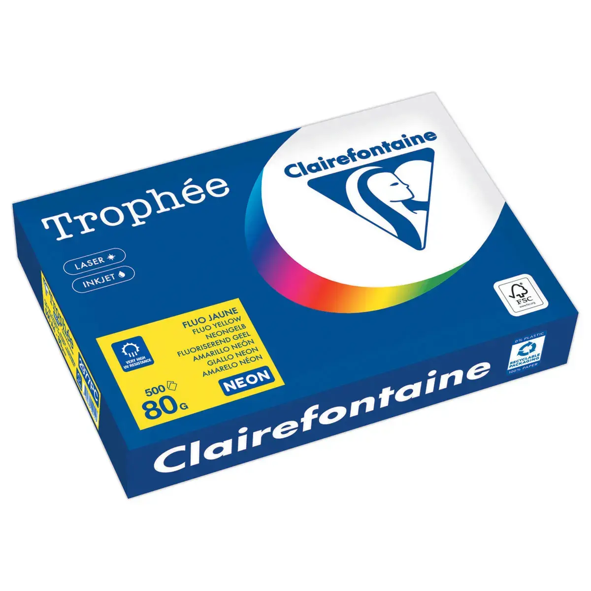 Ramette de papier couleur fluorescente - A4 - Trophée - 80g - Jaune Fluo - CLAIRFONTAINE