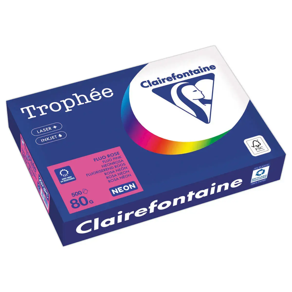Ramette de papier couleur fluorescente A4 - Trophée 80g - rose Fluo - CLAIREFONTAINE