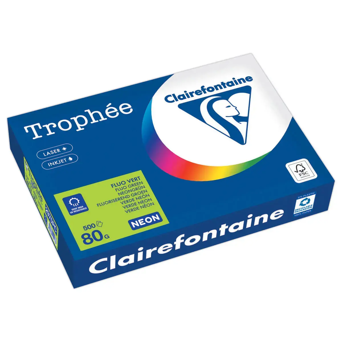 Ramette de papier couleur fluorescente A4 - Troph&eacute;e 80g - vert Fluo - CLAIREFONTAINE 