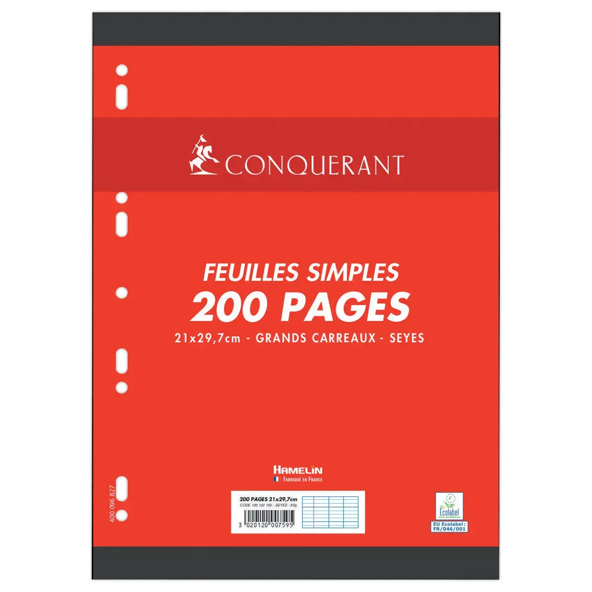 100 Copies simples perforées (200 pages) - A4 - Réglure Seyès - CONQUERANT