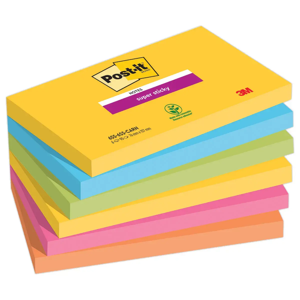 6 Blocs de 90 notes repositionnables Super Sticky - Assortis - 7,6 x 12,7 cm - POST-IT