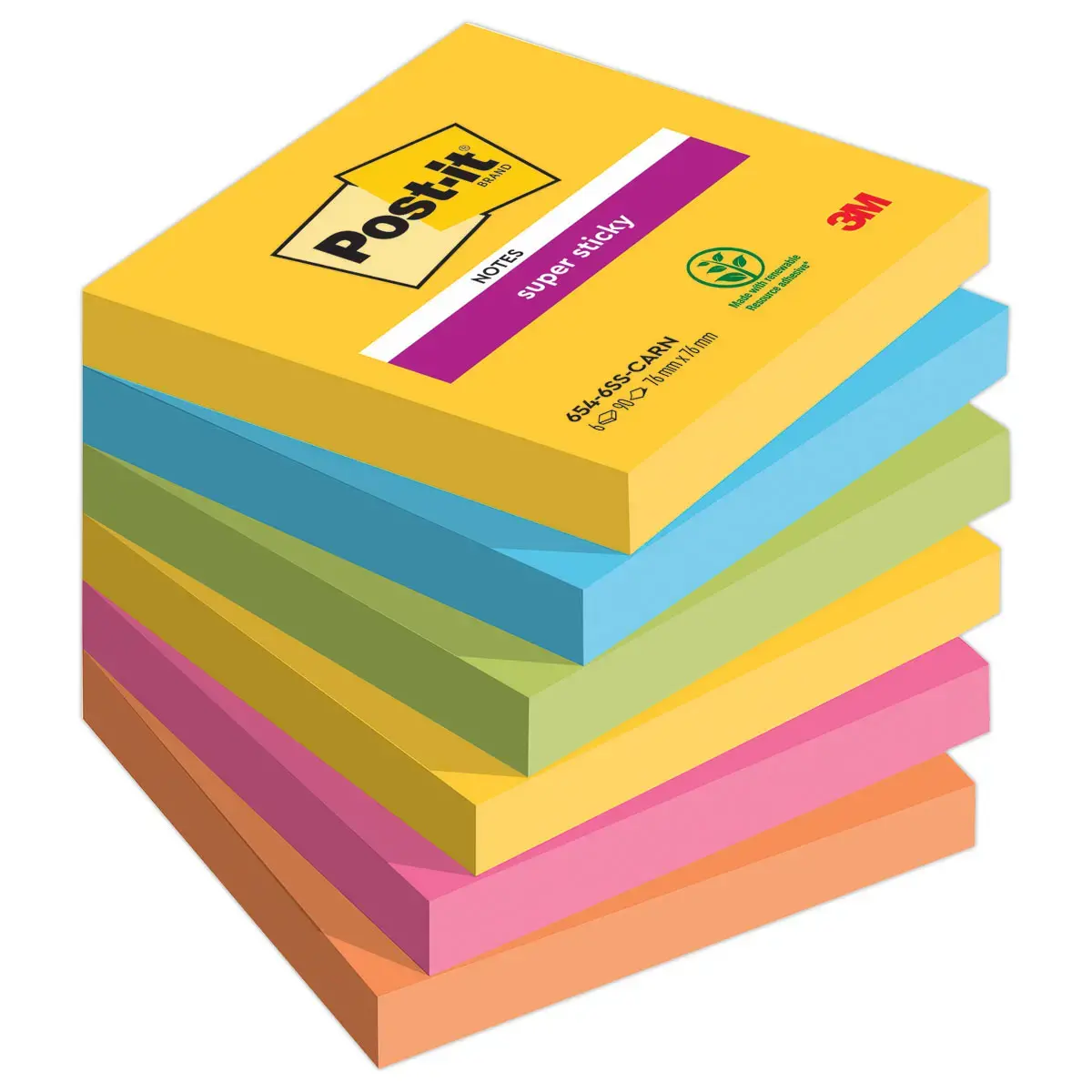 6 Blocs de 90 notes repositionnables colorées Super Sticky - POST-IT