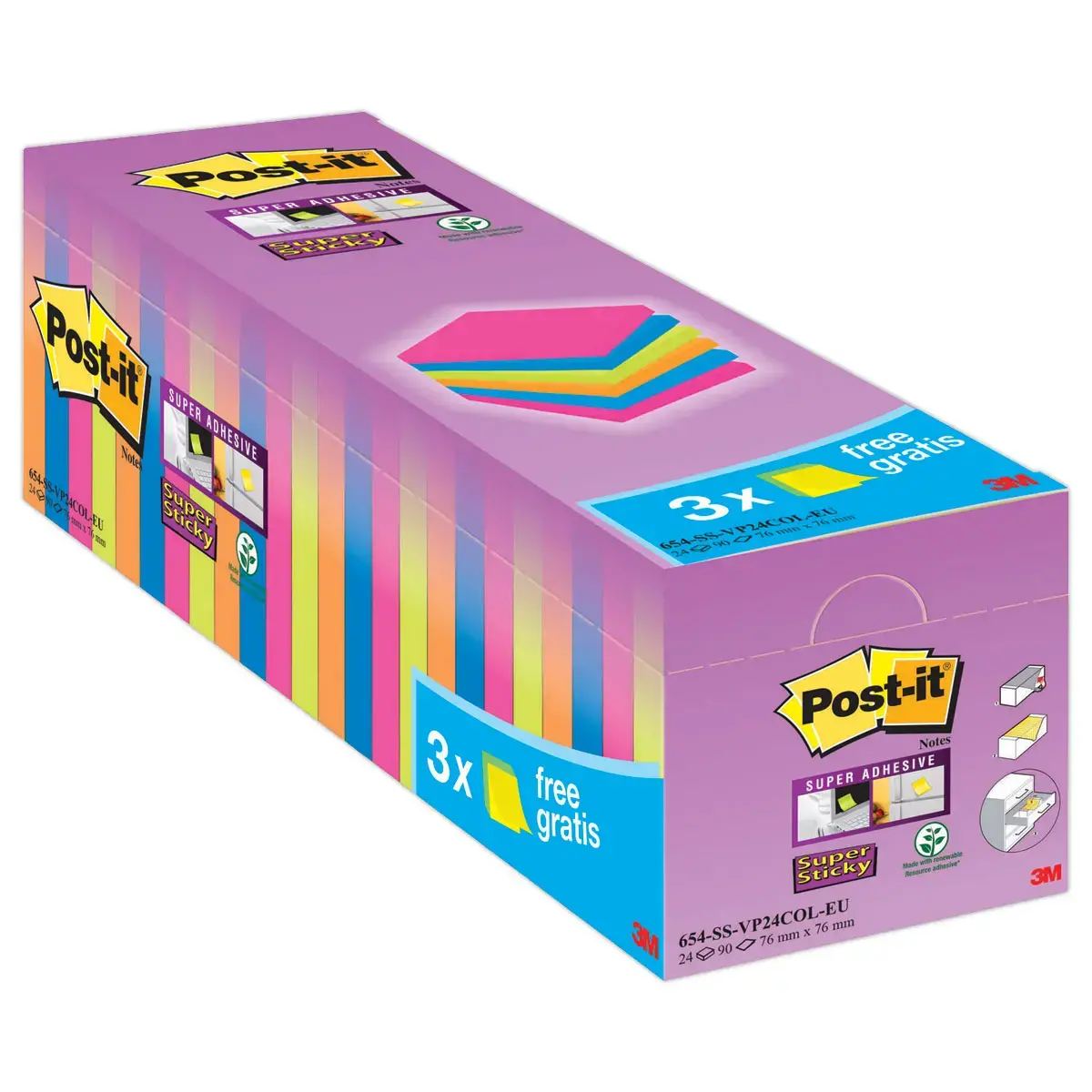 24 Notes repositionnables Super Sticky coloris assortis 7,6 x 7,6 cm - POST-IT