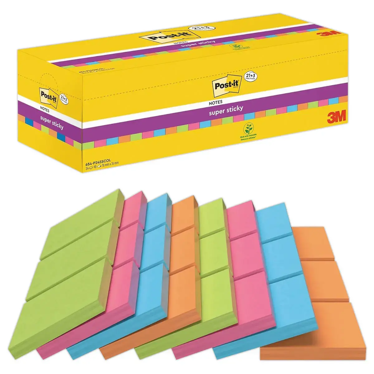 24 Notes repositionnables Super Sticky coloris assortis 7,6 x 7,6 cm - POST-IT