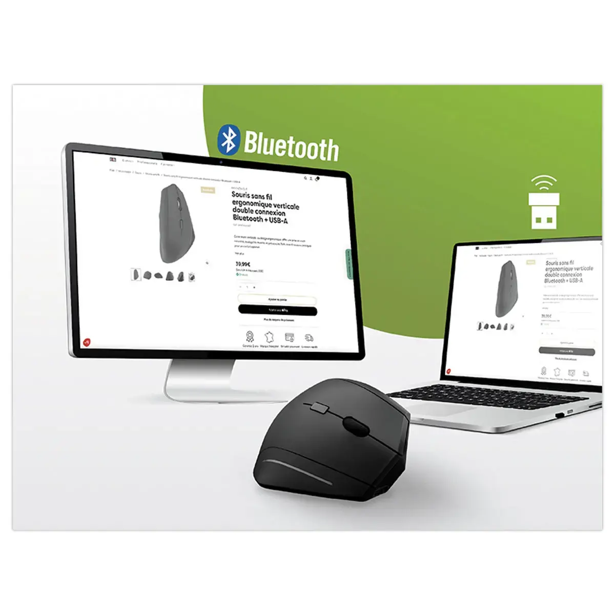 Souris ERGO sans fil - Verticale - Rechargeable - Noir - T'NB