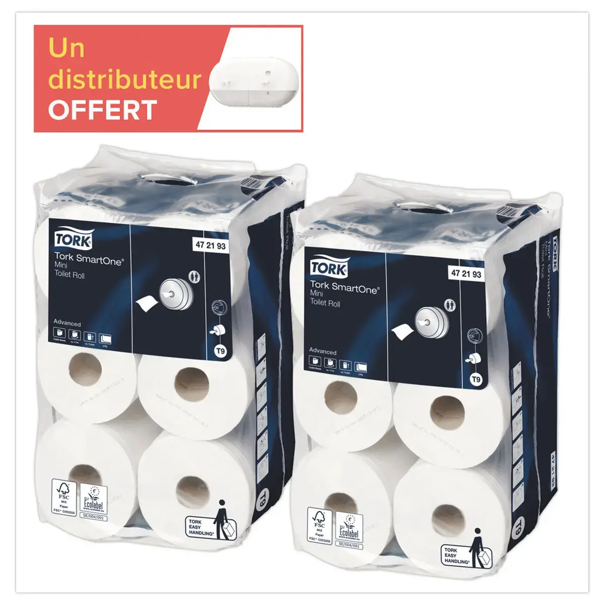 24 rouleaux (2x12) TORK SmartOne mini T9 + 1 distrib mini double T9 offert