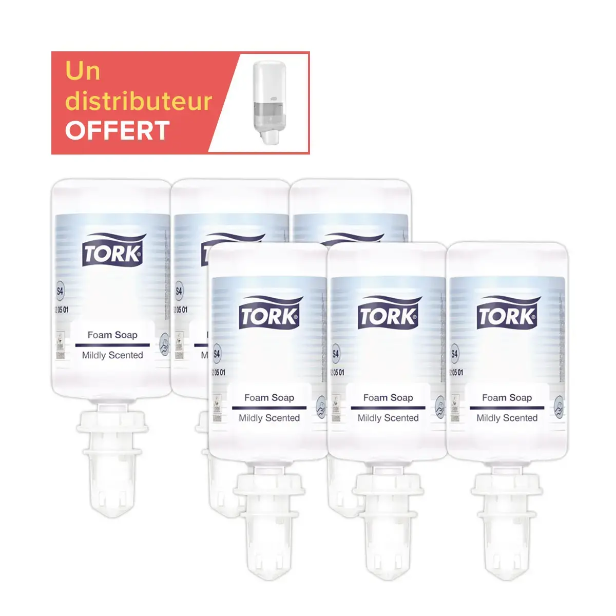6 Savons mousse Mains - Senteur douce S4 - TORK + un distributeur S4 offert 