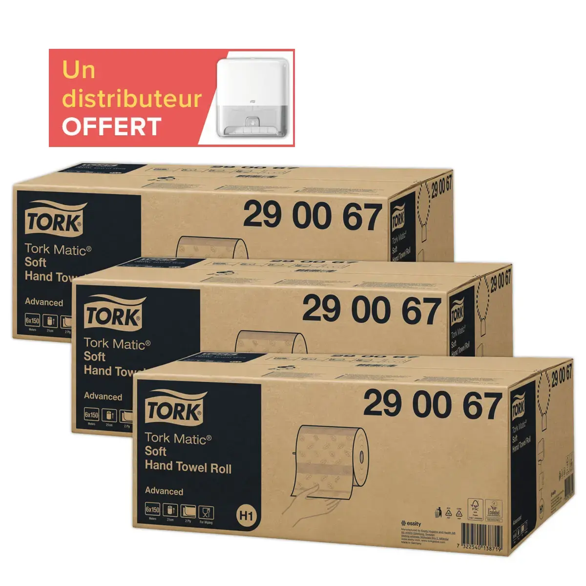 18 bobines (3 cartons de 6) Tork matic H1+ 1 distrib Intuition H1 offert