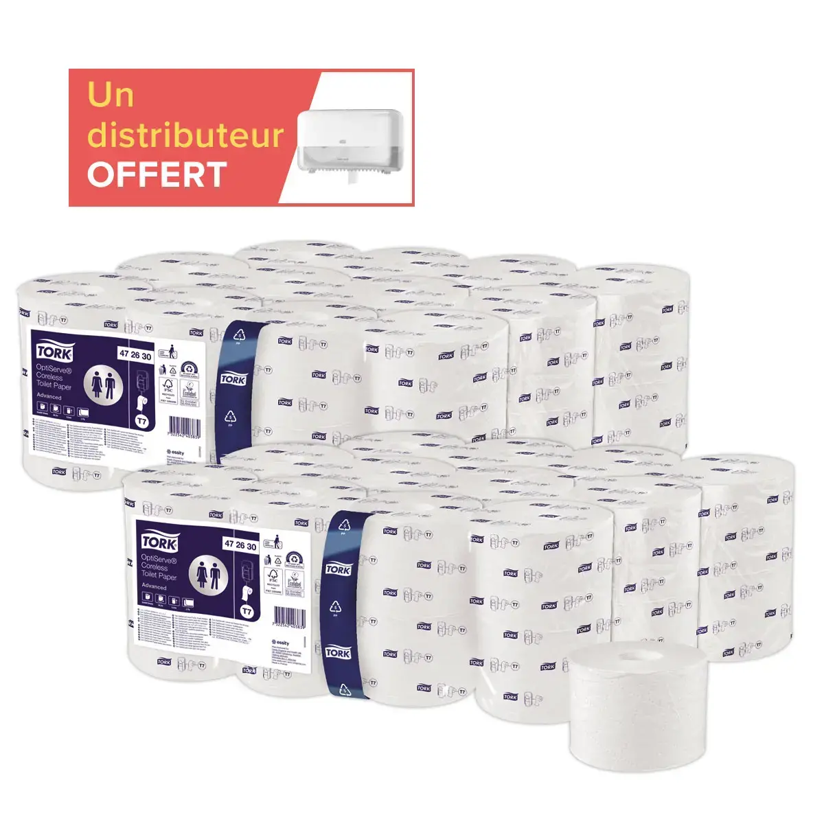 48 rouleaux (2x24) Tork Optiserve T7 blanc + 1distrib Twin Mid-size T7 offert