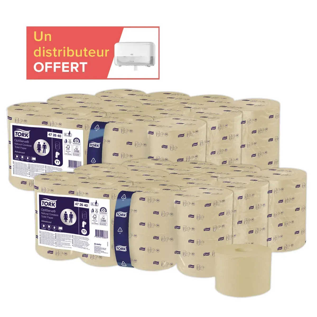 48 rouleaux (2x24) Tork Optiserve T7 natur + 1distrib Twin Mid-size T7 offert