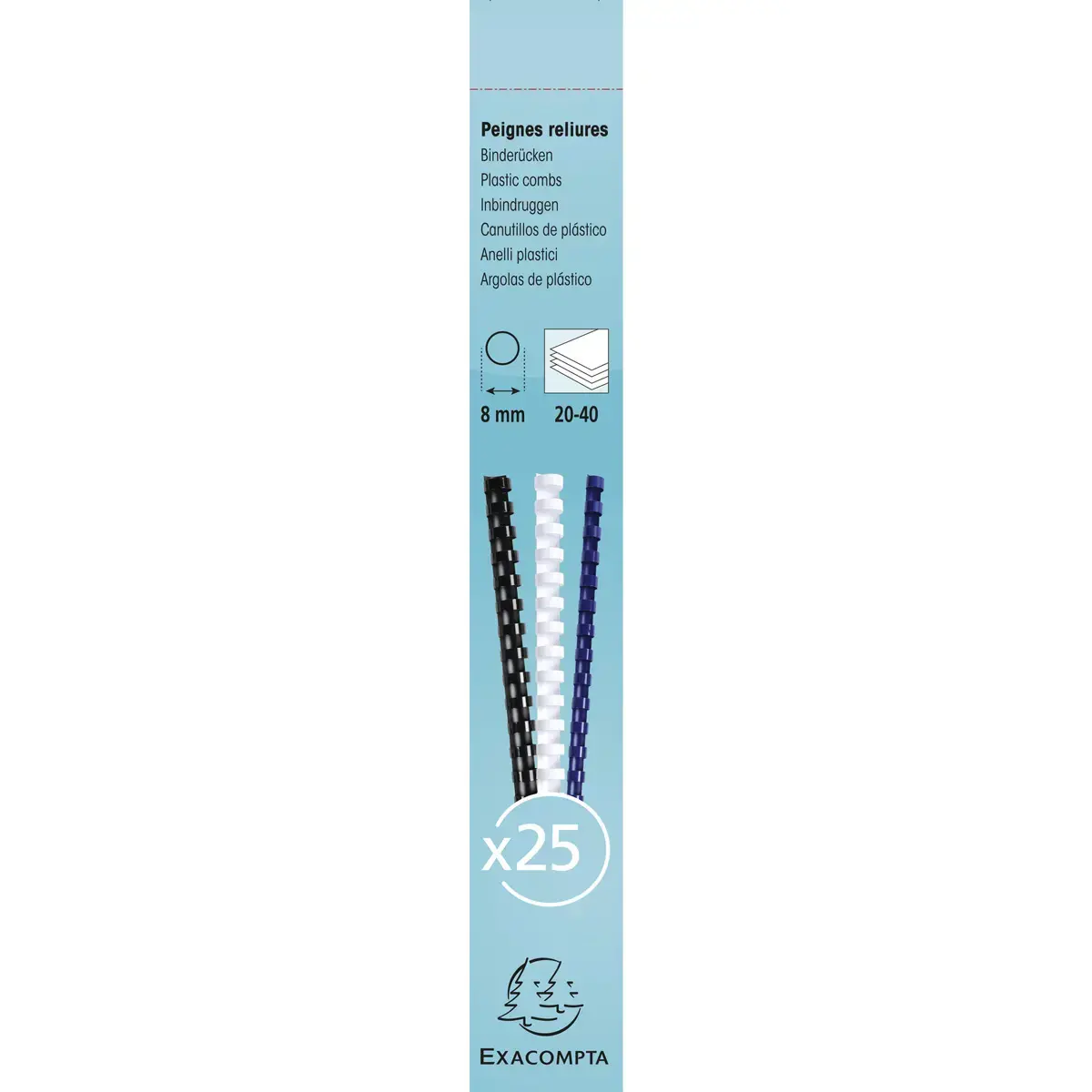 Boite 25 reliures spirales plastique 8mm - Blanc - EXACOMPTA