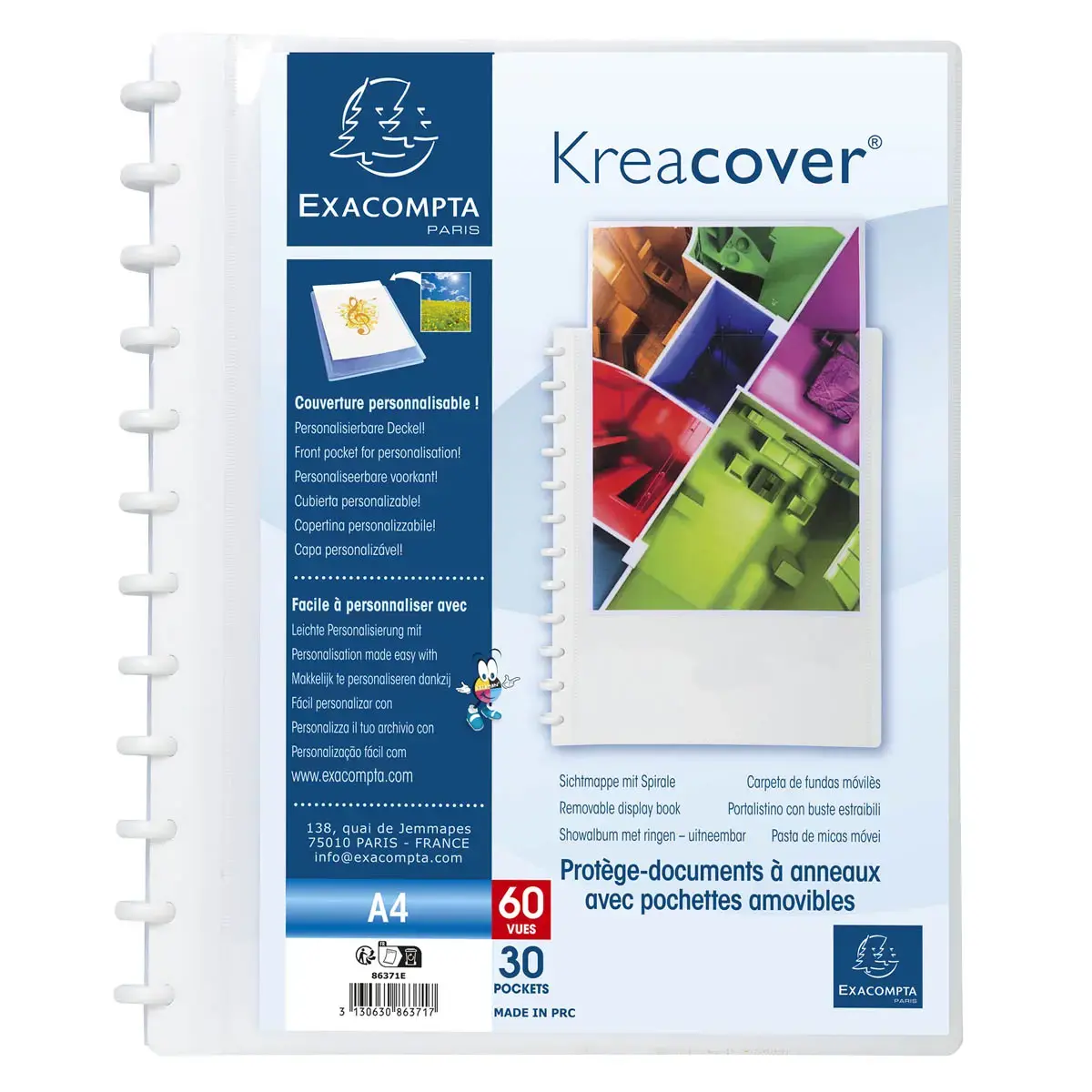 Prot&egrave;ge-documents &agrave; anneaux et pochettes d&eacute;tachables KreaCover&reg; 60 vues - A4 - Blanc - EXACOMPTA 