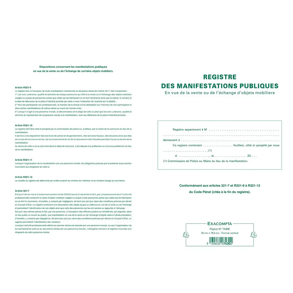 Piqûre 32x19,5cm - Registre d'identification des vendeurs en vue d'une manifestation publique - 80 pages - EXACOMPTA