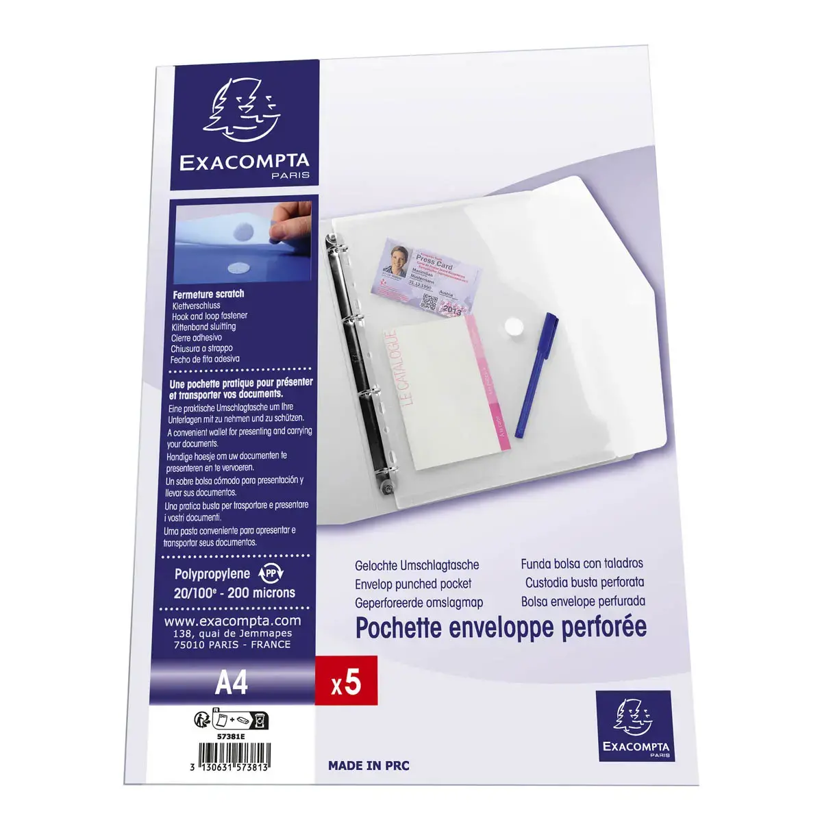 Sachet de 5 pochettes-enveloppes perforées polypropylène - A4 - Incolore - EXACOMPTA