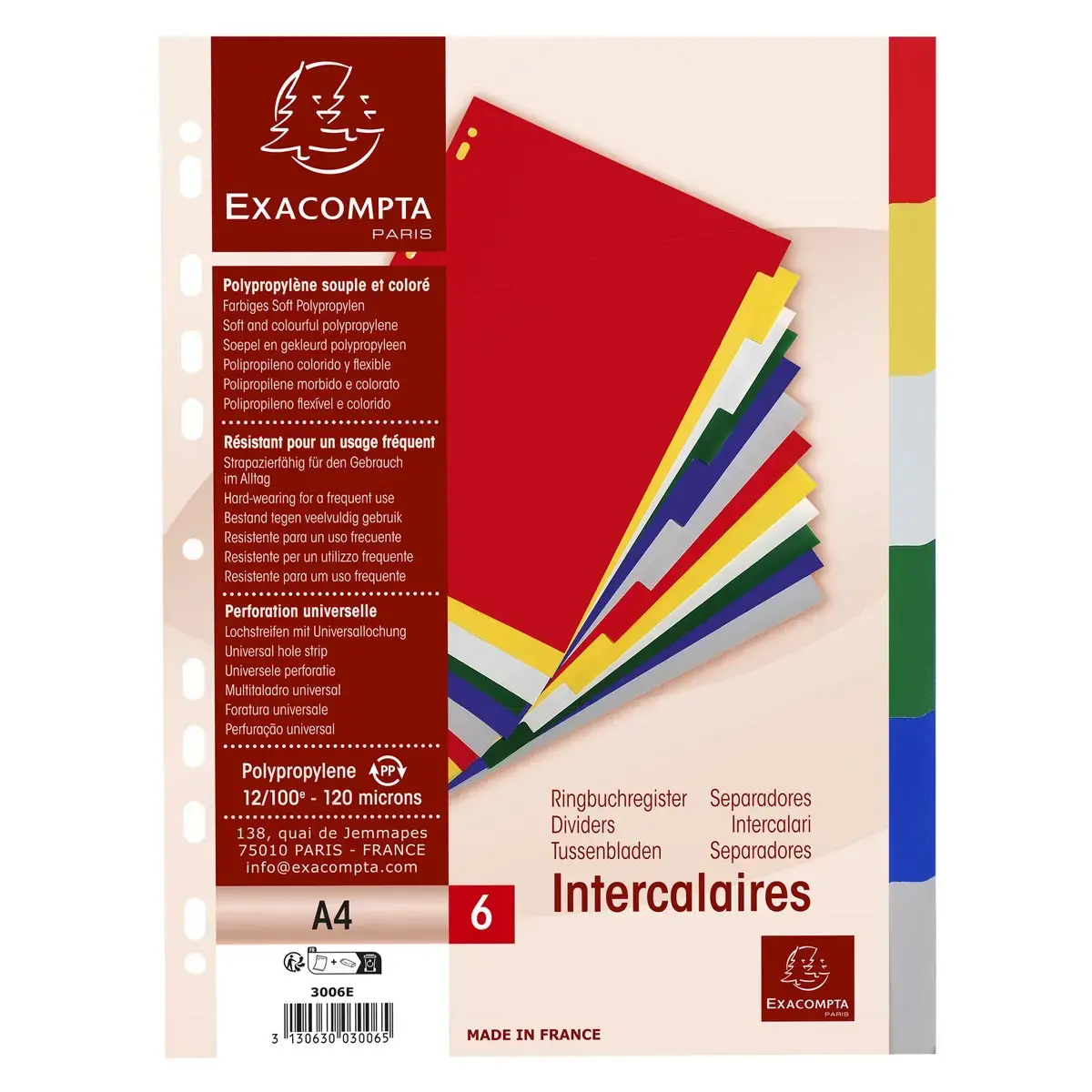 Intercalaires polypropylène souple 6 positions - A4 - Couleurs assorties - EXACOMPTA