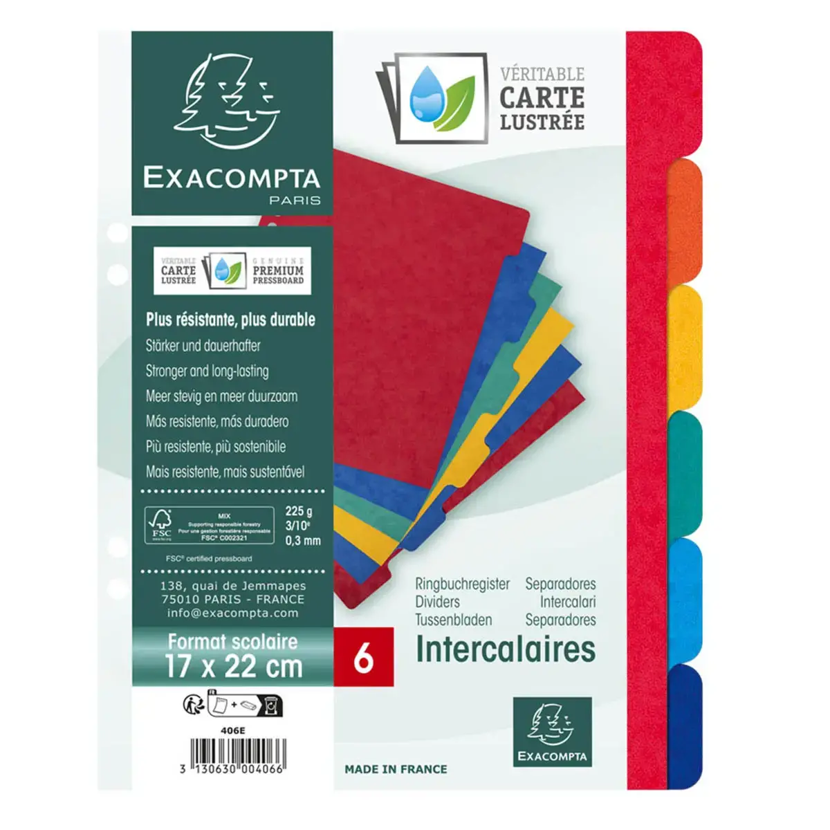 Intercalaires carte lustr&eacute;e 225 g 6 positions - format &eacute;colier 17 x 22 cm - Exacompta 
